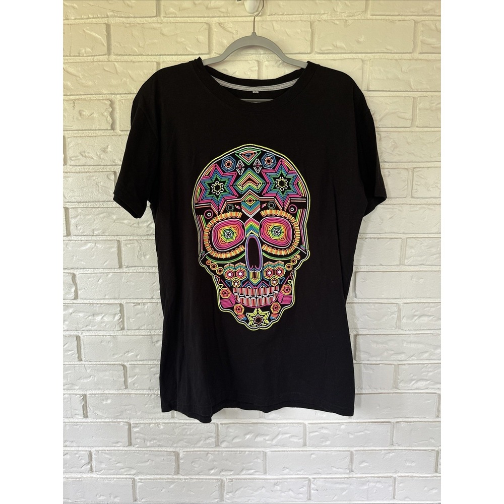 Gocas Mens Med/Lg Black Neon Colorful Day Of The Dead Sugar Skull Short Sleeve